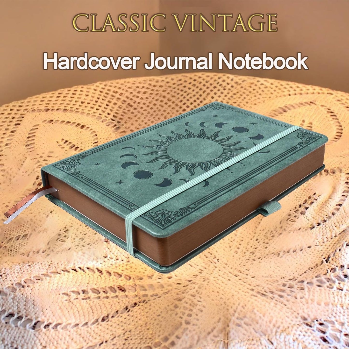 Journal Notebook for Women/Men, Daily for Classic Lined Writing,360 Pages Leather Hardcover with Vintage Sun & Moon Design, SeaGreen, A5 (14.5 x 21 cm)