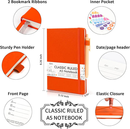 feela College Ruled Notebooks, 24 Pack Business Notebook Hardcover Lined Writing Journal with Pen Holder for Men Women Note Taking, with 24 Black Pens, 120 GSM, 5.1”x8.3”, A5, White