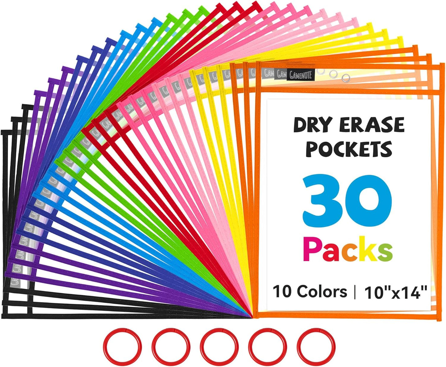 Gamenote Dry Erase Pockets 30 Pack with Rings, Oversized Reusable Plastic Sleeves Shop Job Ticket Holders Sheet Protectors Teacher Supplies Organization for Classroom Must Have, 10x14 Inches (Black)