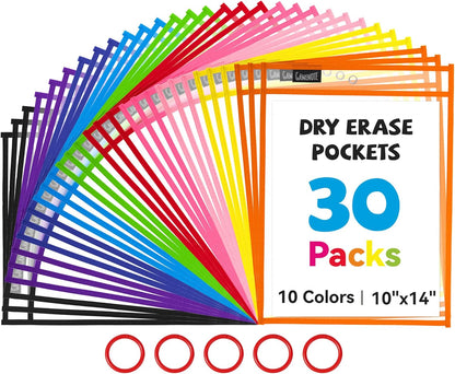 Gamenote Dry Erase Pockets 30 Pack with Rings, Oversized Reusable Plastic Sleeves Shop Job Ticket Holders Sheet Protectors Teacher Supplies Organization for Classroom Must Have, 10x14 Inches (Black)