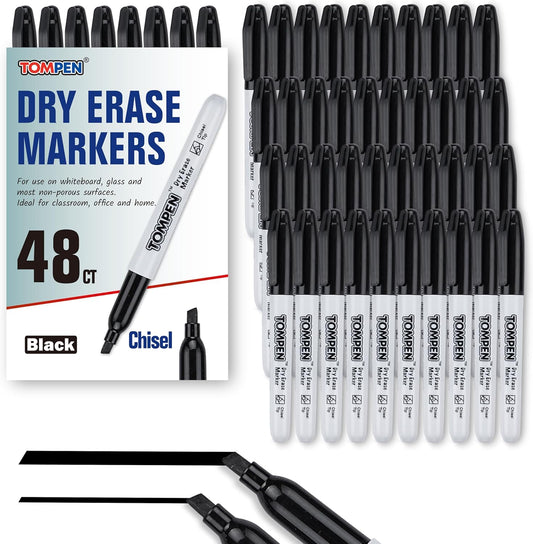 Dry Erase Markers Chisel Tip Black,48 Count Bulk,Erasable Whiteboard Markers with Low Odor Ink Quick-Drying for Calendar Boards Office Home School Writing Planning