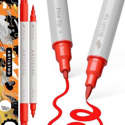 ARTISTRO 2 Red Dual-Tip Acrylic Paint Pens - Multisurface Markers for Glass, Rock, Fabric, Wood, Plastic & More - 1 mm Fine & Brush Tips