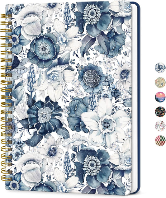 ZOTIA Lined Spiral Journal for Women, A5 Cute Hardcover College Ruled Notebook for Work, School & Note Taking, Aesthetic Writing Journal, 140 Pages (5.8" x 8.3"), Blue Floral
