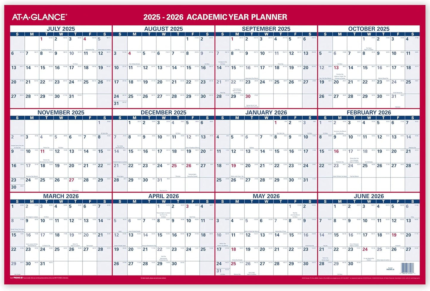 AT-A-GLANCE Dry Erase Calendar 2026-2027 Academic & Regular Year Wall Planner, 12-Month, 24" x 36", Double Sided, Vertical (PM210S28)