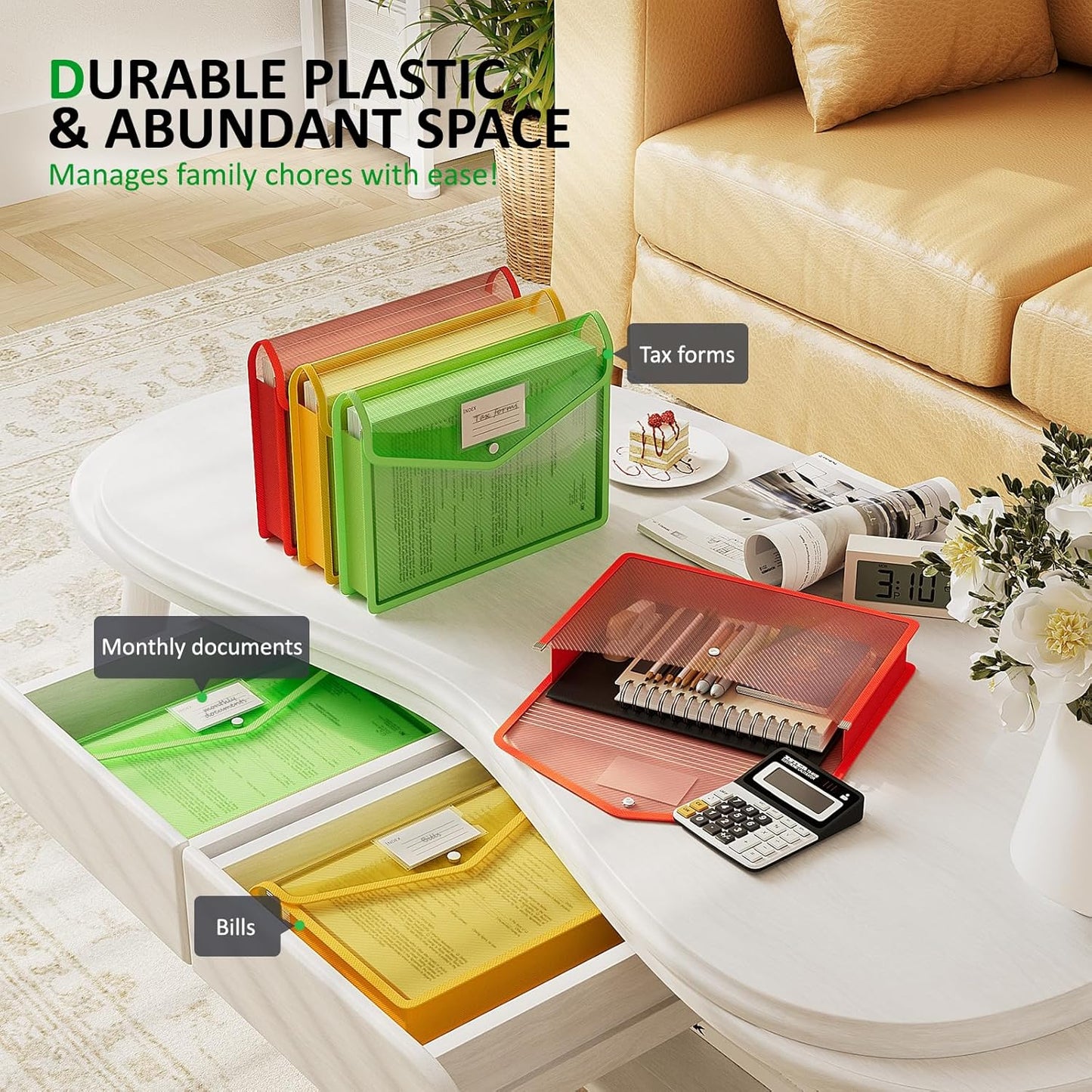 ThinkTex Plastic Expanding File Folder, Transparent Envelopes with Snap Closure, No Dividers, Large Capacity, Assorted Colors, Fits Letter / A4 Size - 5 Pack