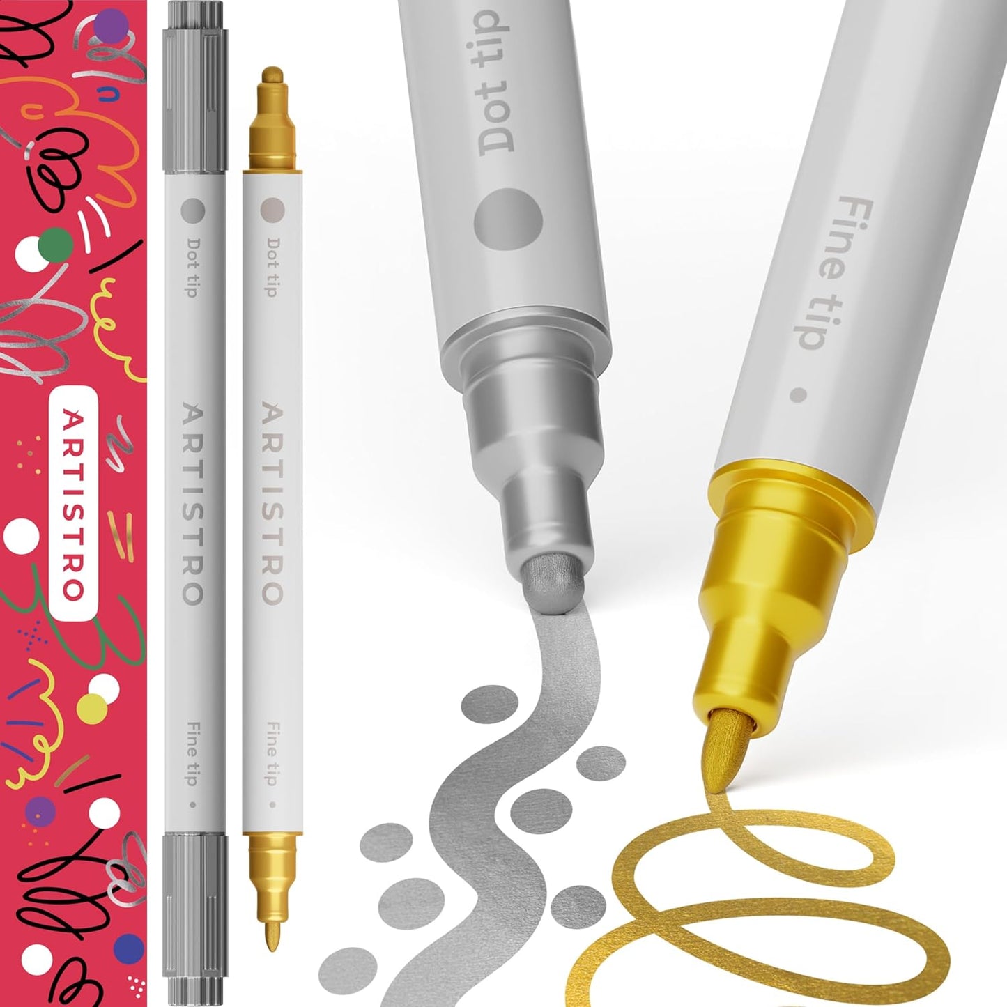 ARTISTRO 2 Red Dual-Tip Acrylic Paint Pens - Multisurface Markers for Glass, Rock, Fabric, Wood, Plastic & More - 1 mm Fine & Brush Tips