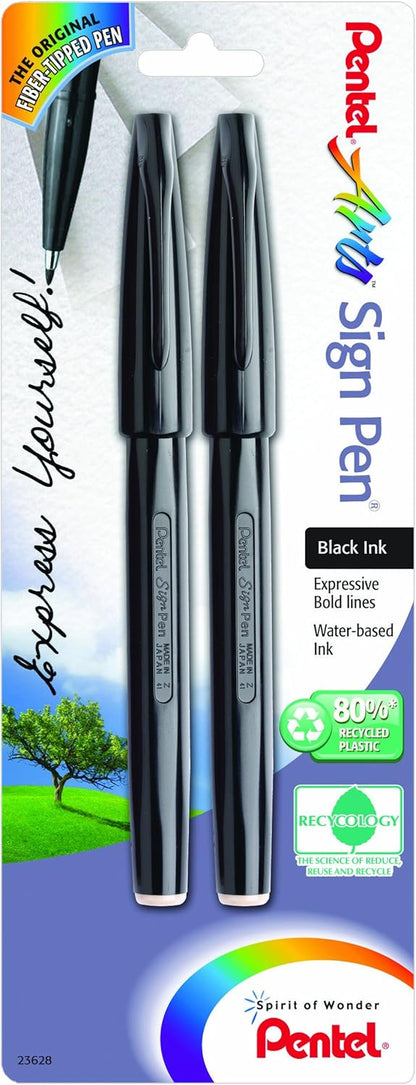 Pentel Sign Pen, Fiber-Tipped, Black Ink (S520-A), Box of 12