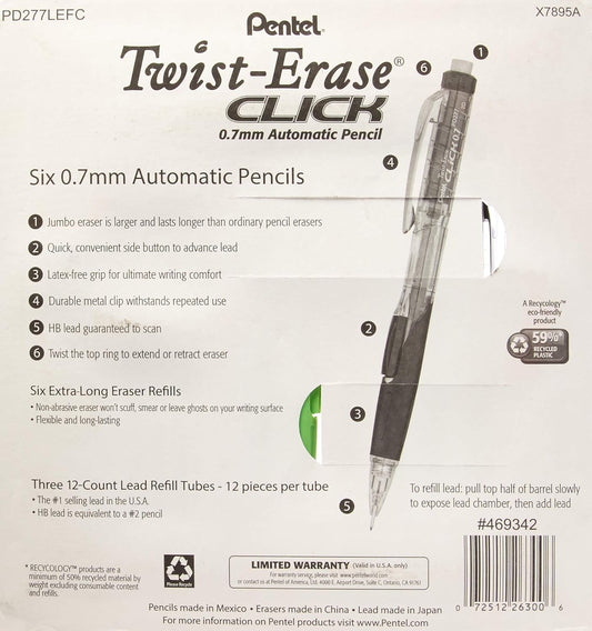 Pentel Twist-Erase Click Mechanical Pencils 0.7mm, HB #2, School Supplies, Teacher Supplies, Drawing Sketching pencils, Assorted Barrel Colors- 6 Mechanical Pencils, 6 Erasers, 3 Tubes of Lead Refills