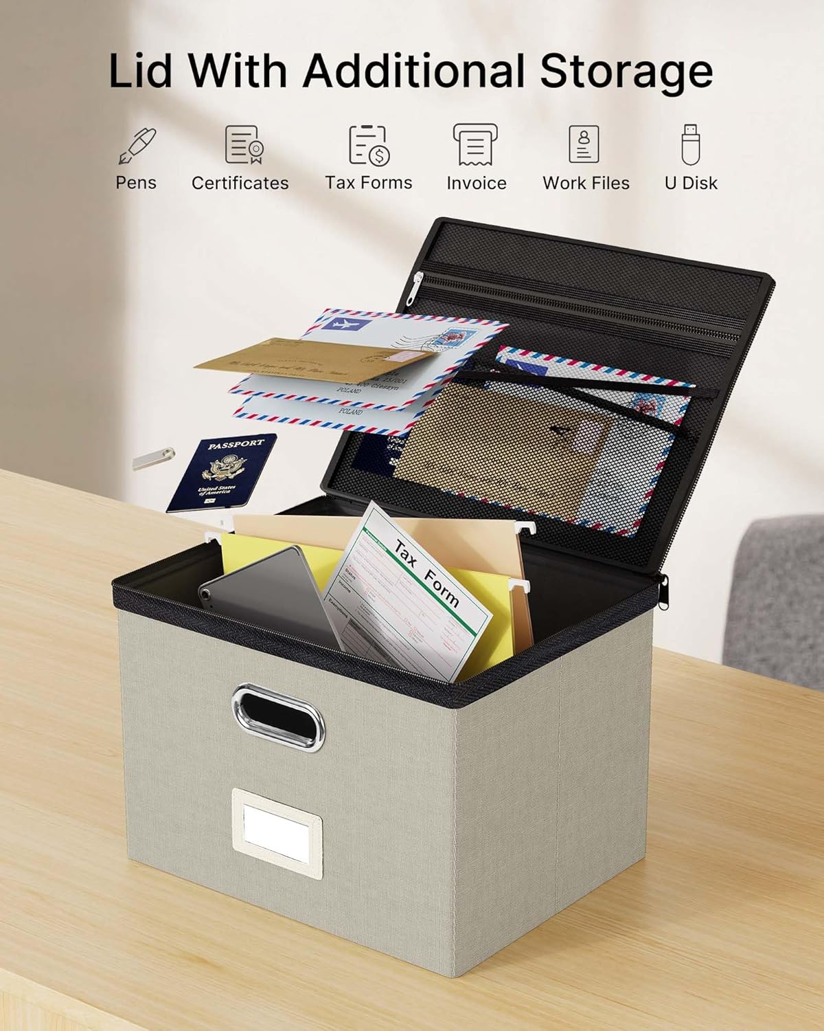 Oterri 2 Pack File Organizer Boxes with Lids, File Box with Mesh Pockets, Document Organizer Box for File Folders Letter Size, Zippers Filing Box for Home, Office, School (Green, Without Folders)