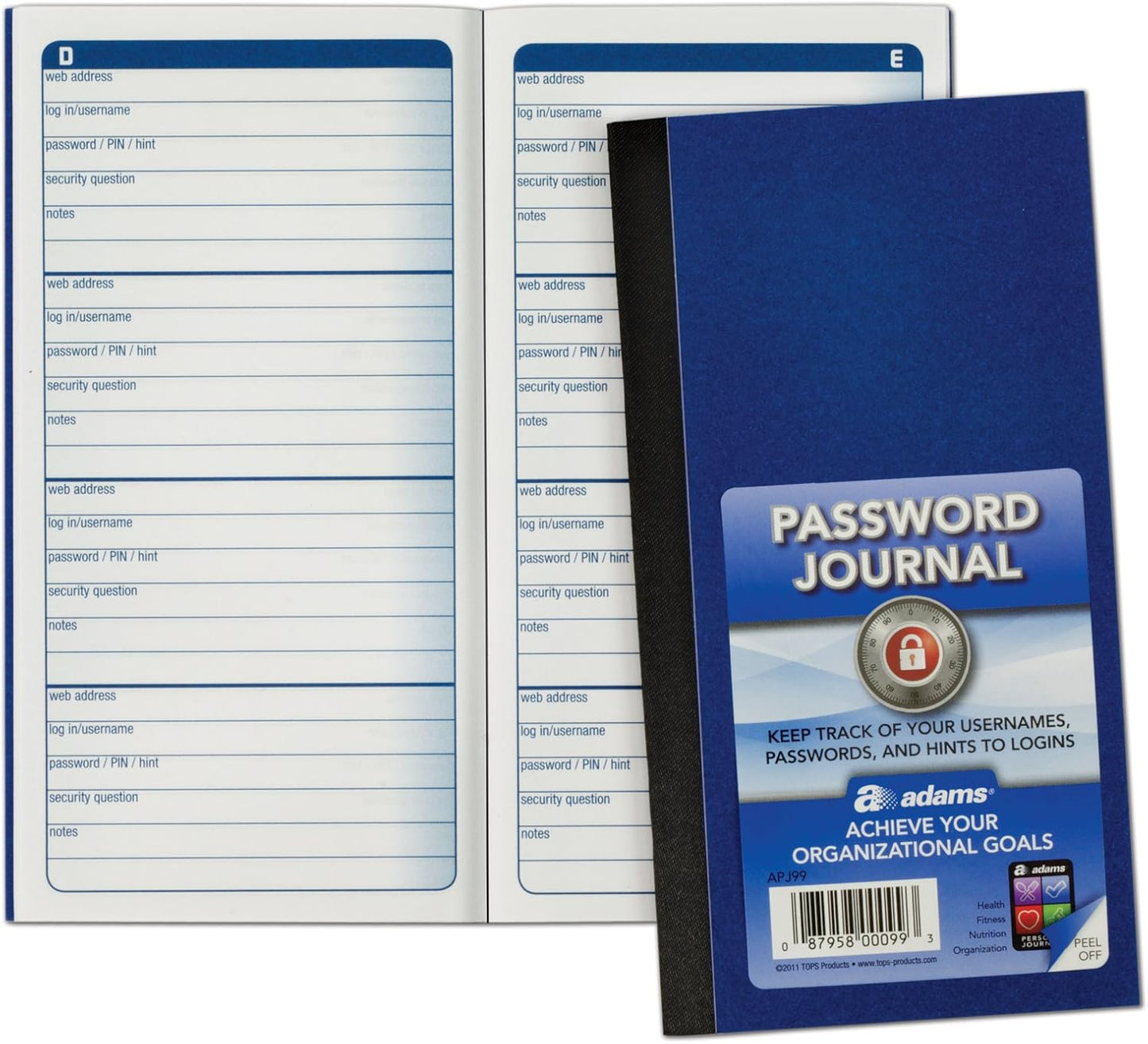 Adams Password Journal, 1 Count, 6.25 x 3.25 Inches, Blue, Alphabetically Organized with 4 Entries Per Page, 48 Pages, Pocket-Sized Login Companion (APJ99)