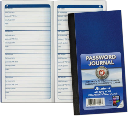 Adams Password Journal, 1 Count, 6.25 x 3.25 Inches, Blue, Alphabetically Organized with 4 Entries Per Page, 48 Pages, Pocket-Sized Login Companion (APJ99)