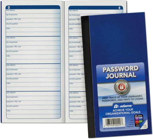 Adams Password Journal, 1 Count, 6.25 x 3.25 Inches, Blue, Alphabetically Organized with 4 Entries Per Page, 48 Pages, Pocket-Sized Login Companion (APJ99)
