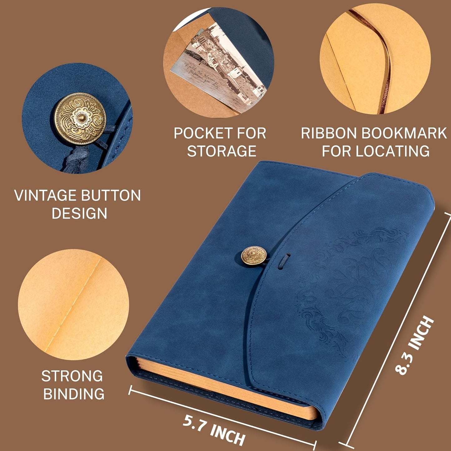 MINICAGIE Journal Notebook for Men Women Gifts Hardcover Leather Mens Journals for Writing 288 Pages 100 Gsm Paper Thick Journaling Notebooks for Work Diary, 5.7x8.3 In, Blue