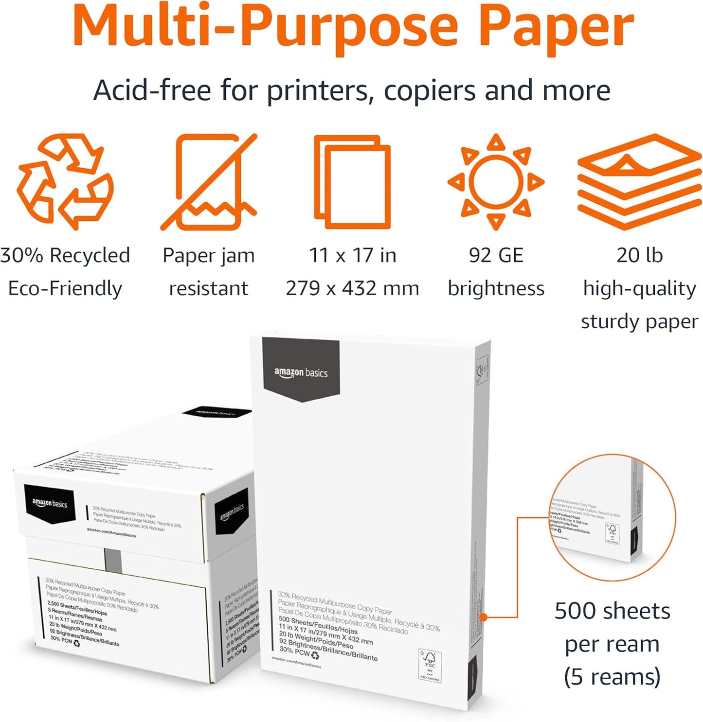 Amazon Basics 30% Recycled Multipurpose Copy & Print Paper, 8.5 x 11 Inches, 20 lb Weight, 92 Bright, White, FSC Certified, 1500 Sheets (3 Reams)