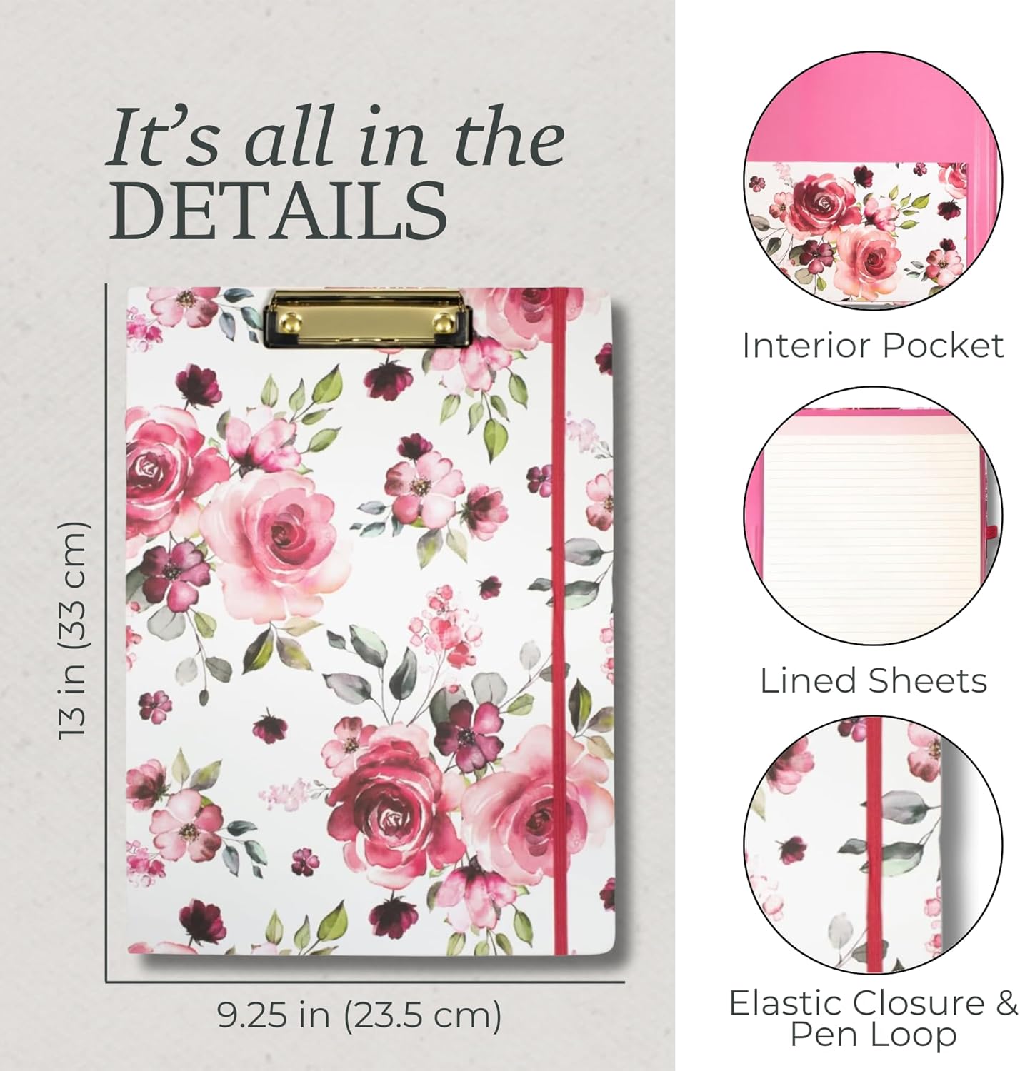 Steel Mill & Co Cute Clipboard Folio with Refillable Lined Notepad and Interior Storage Pocket, Floral Padfolio for Work, Garden Blooms Cream