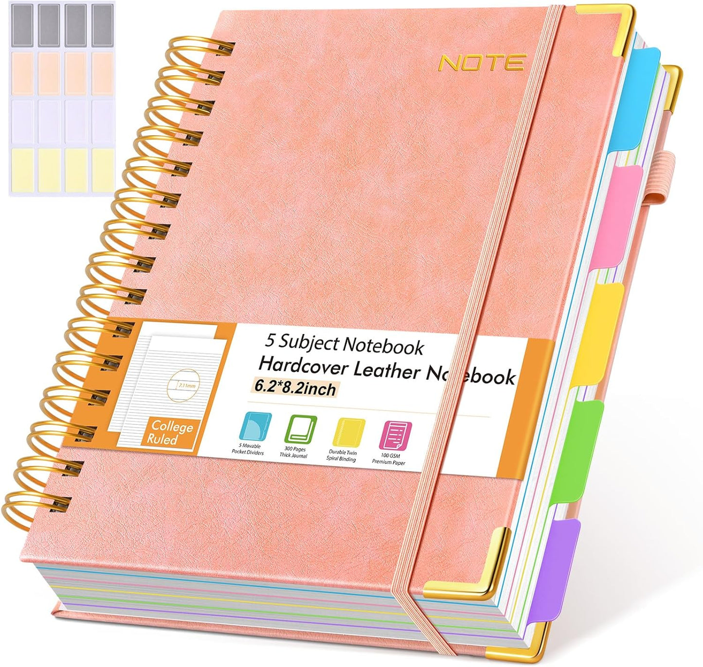 Hardcover Large Spiral Notebook 8.5" x 11" with Removable Dividers Tabs, 300 pages Leather 5 Subject Notebook College Ruled, A4 Journal for Women Men, Notebooks for Work School Note taking,Black