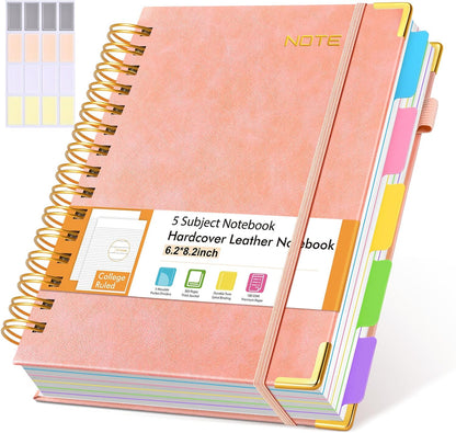 Hardcover Large Spiral Notebook 8.5" x 11" with Removable Dividers Tabs, 300 pages Leather 5 Subject Notebook College Ruled, A4 Journal for Women Men, Notebooks for Work School Note taking,Black