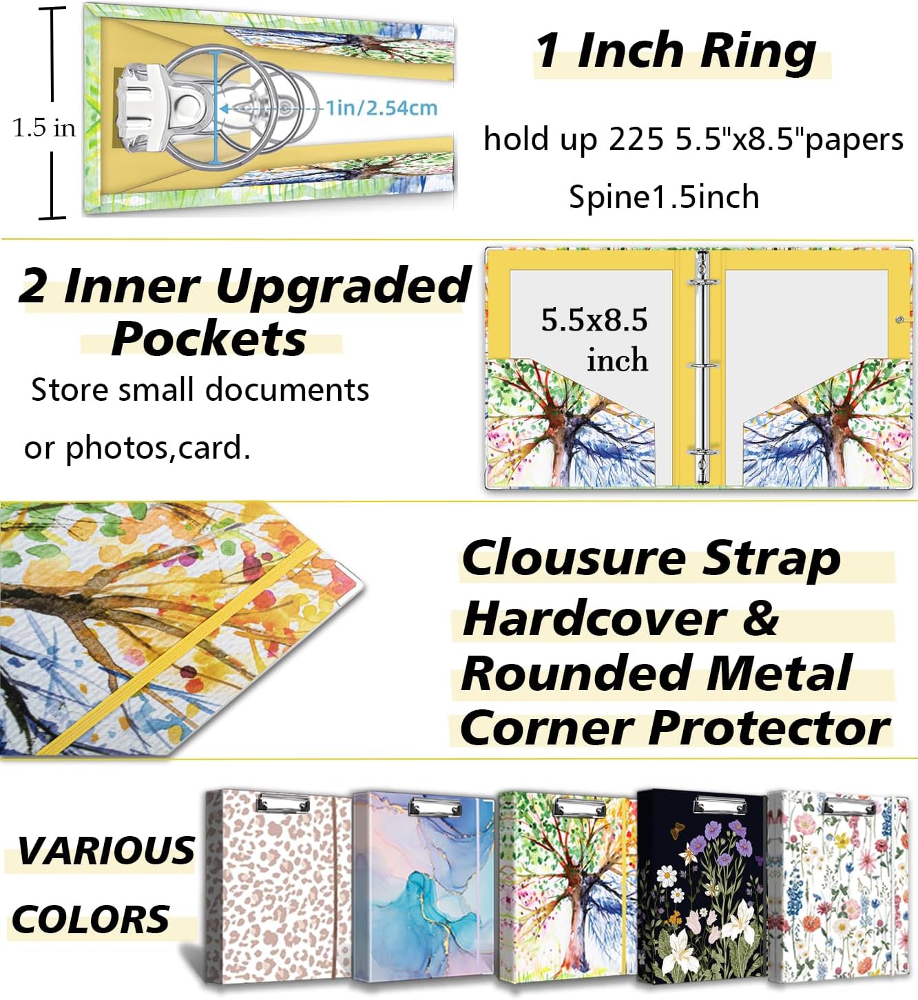 3 Ring Binder 1 Inch, Three Ring Binders Organizer with Clipboard, 5-Tabs Pockets Dividers, Plastic Folder, 18 Divider Stikers, BVSSX Pretty Binder with Pen Loop (Black Weeds, Letter Size)