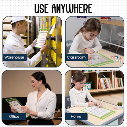 Essex Wares - 6 Pack, Assorted, Dry Erase Pocket Document Protectors, 10" Wide x 13.5" Tall- Dry Erase Clear Plastic Sleeves - Reusable & Easy Erase Plastic Invoice Holders, Water-Resistant & Durable