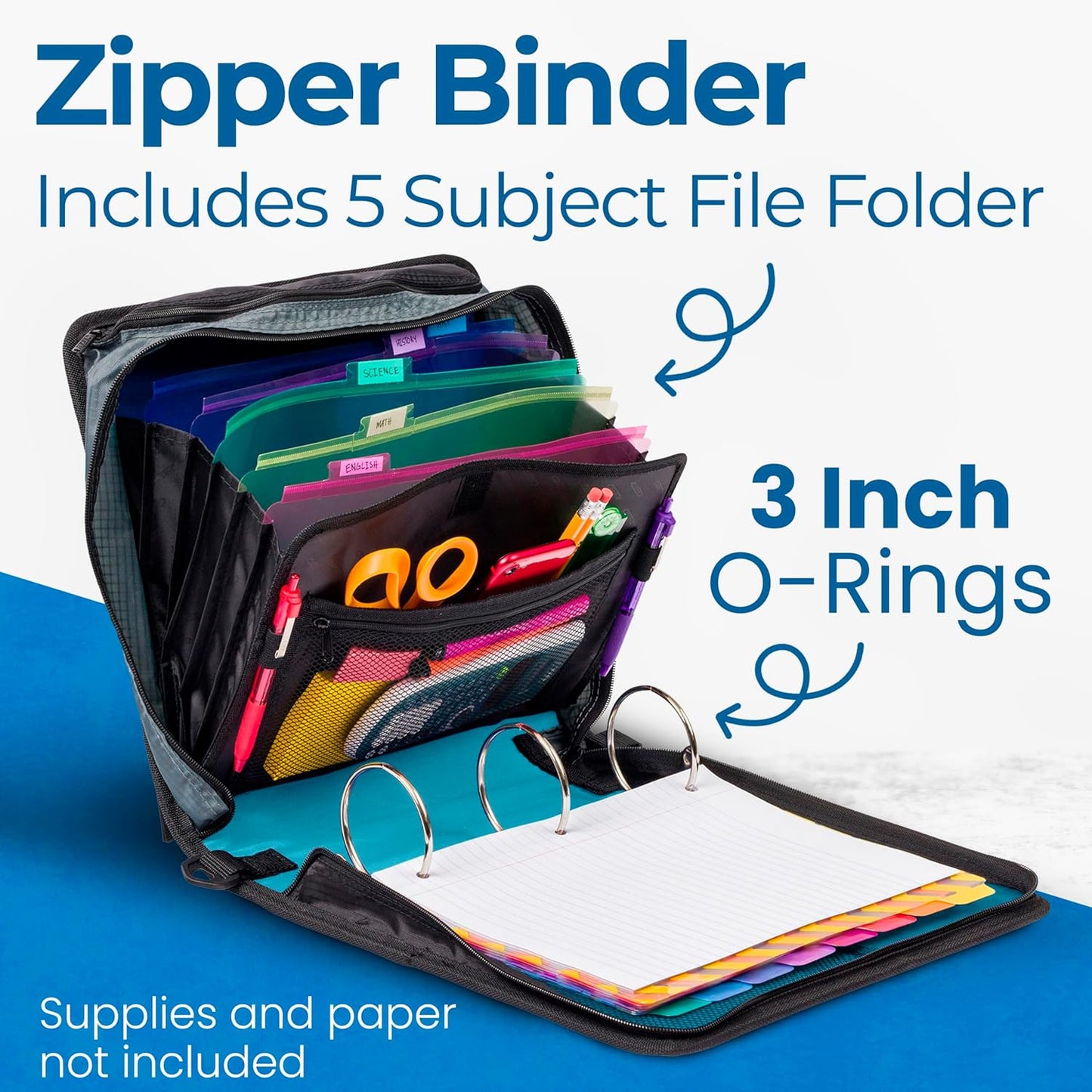 Case-it Mighty Zip Tab School Zipper Binder | 3-Inch O-Rings, 600-Sheet Capacity, 5-Subject Expanding File Folder, Multiple Pockets & Storage Organizer, Shoulder Strap | D-146 Jet Black