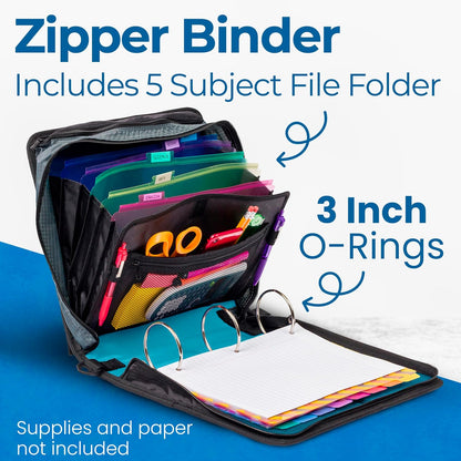 Case-it Mighty Zip Tab School Zipper Binder | 3-Inch O-Rings, 600-Sheet Capacity, 5-Subject Expanding File Folder, Multiple Pockets & Storage Organizer, Shoulder Strap | D-146 Jet Black