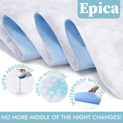 Epica Premium Ultra Plus Waterproof Sheet Protector Bed Pad, Under-pad, Quilted, Waterproof, and Washable, 34" x 52" for Children or Adults with Incontinence 34”x 52” (500 Washes ) Pack of 1