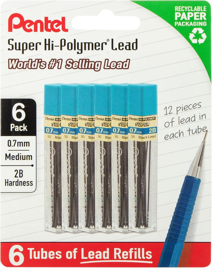 Pentel Super Hi-Polymer Lead Refills, 0.7 mm, 2B, 72 Pieces (12 pcs per tube, 6 tubes)