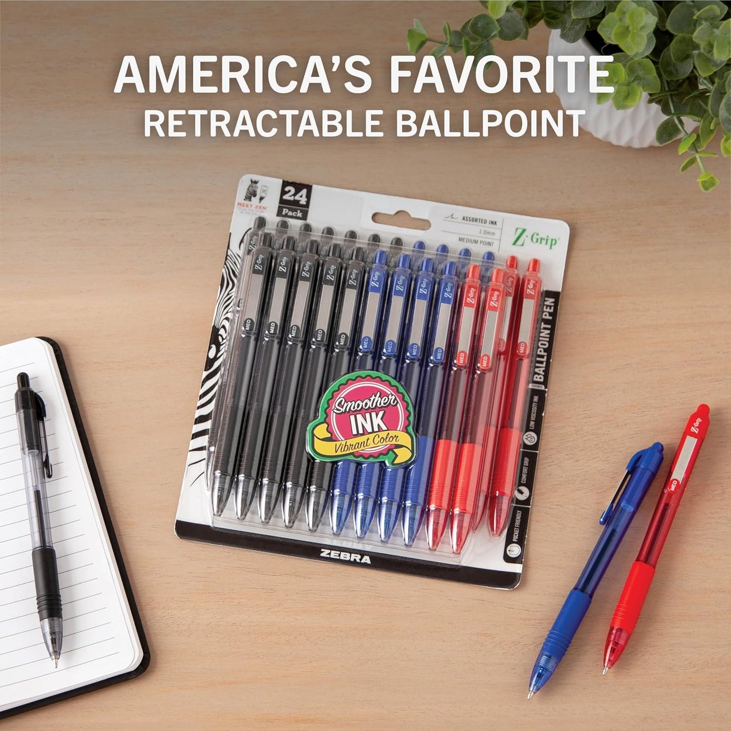 Zebra Pen Z-Grip Retractable Ballpoint Pen, Smooth-Flowing Black Ink, 1.0mm Medium Point, School & Office Supplies, Ideal for Note-Taking, Journal and Planner Use, 18-Pack (22218)