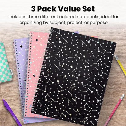 Yoobi College Ruled 8 x 10.5” Spiral Notebook Set – 3-Pack of 1 Subject Notebooks, Pink, Purple & Black Celestial Patterns – 150 Perforated 3-Hole Punched Sheets