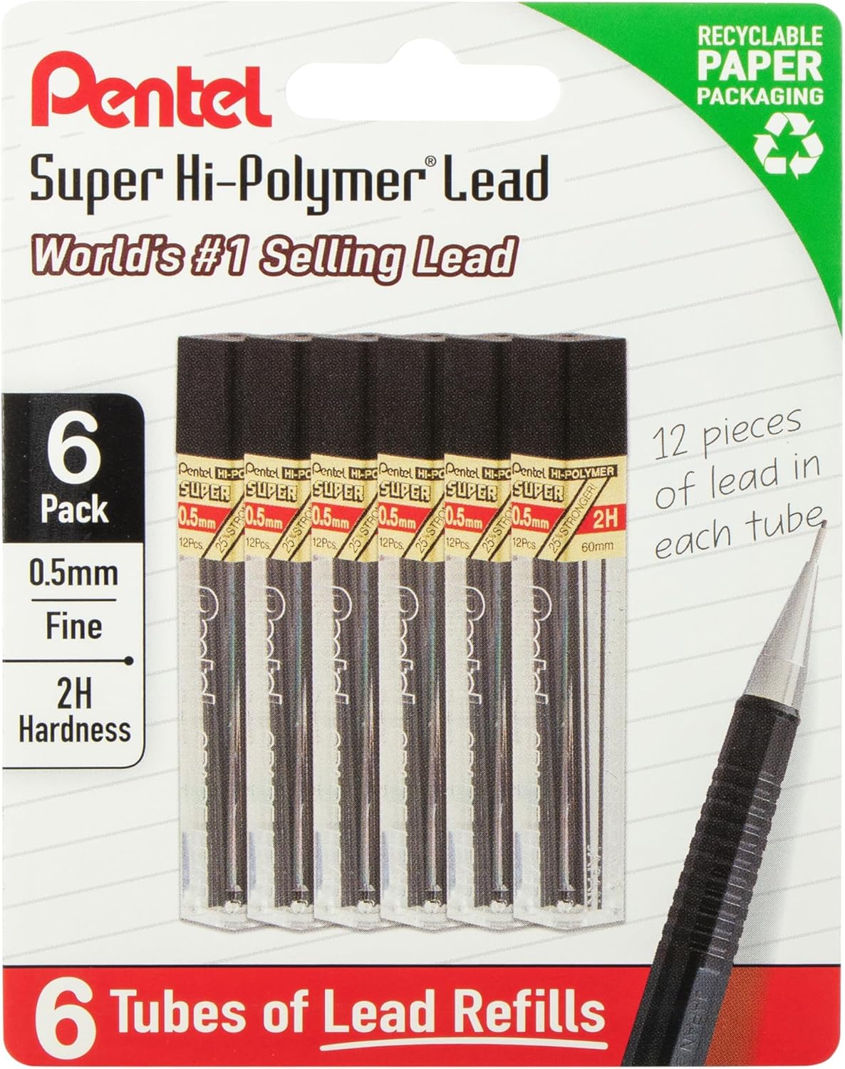 Pentel Super Hi-Polymer Lead Refills, 0.5 mm, 2H, 72 Pieces (12 pcs per tube, 6 tubes)