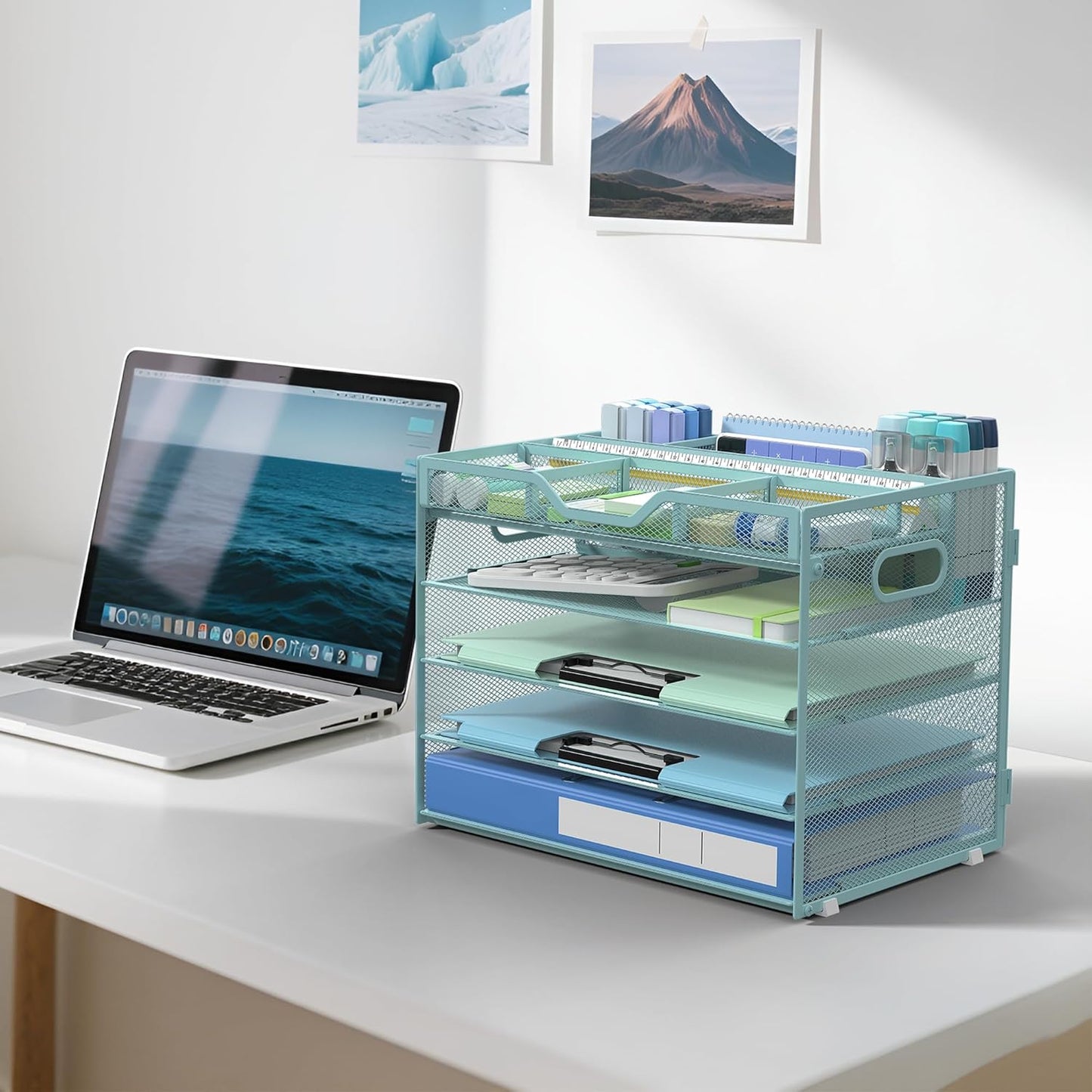 Docnest 5 Tier Letter Tray with Hanging File Organizer-Mesh Desk Organizer-Desktop Storage Box Built in Pen Holder and Handles, File Folder Holder for Mail Documents Office Supplies-Black