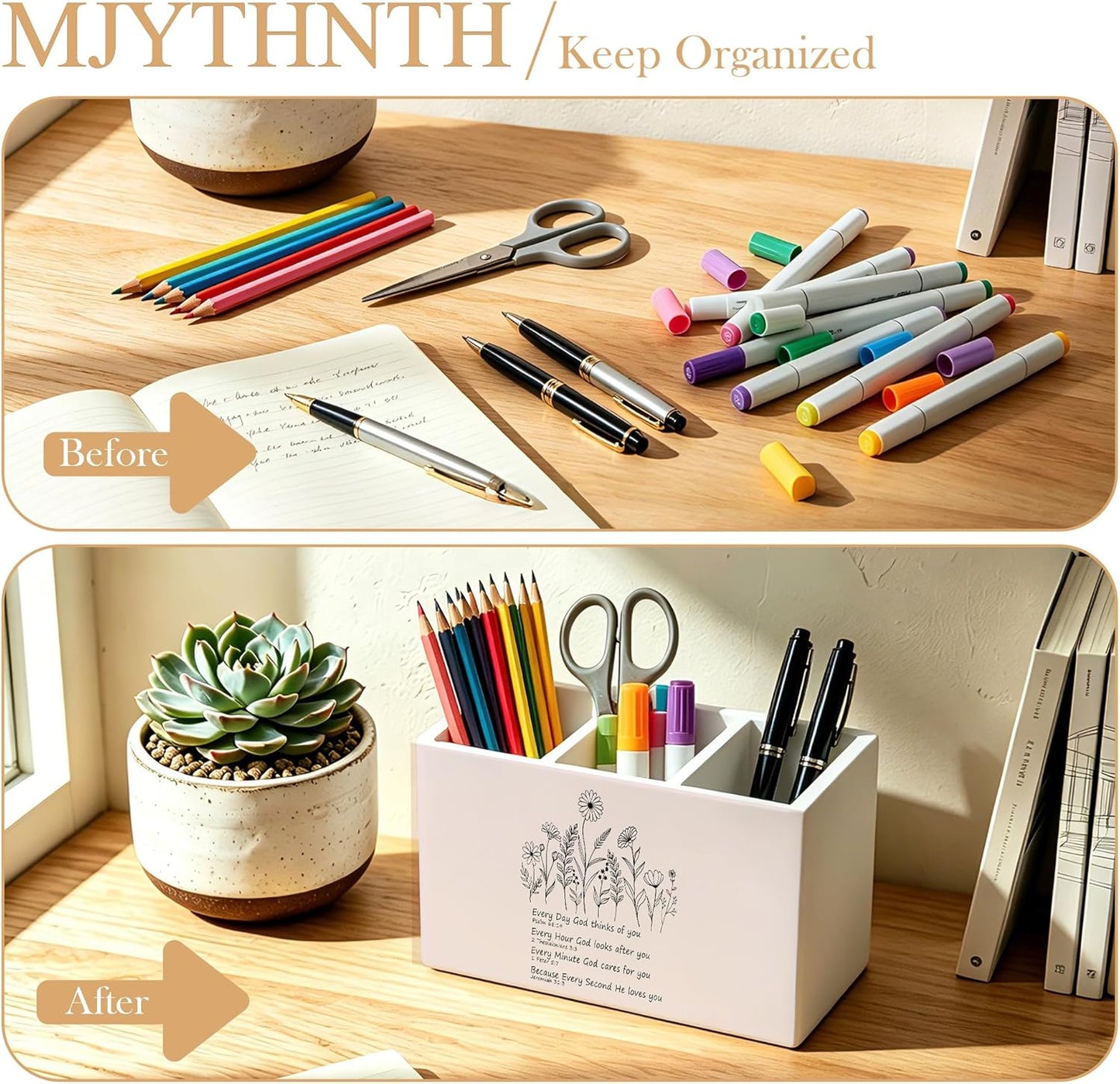 Don't Overthink It Inspirational Pencil Pen Holder for Desk, Pink Positive Affirmations Wooden Box Sign Pen Holder Organizer for Home Office School Desk Accessories