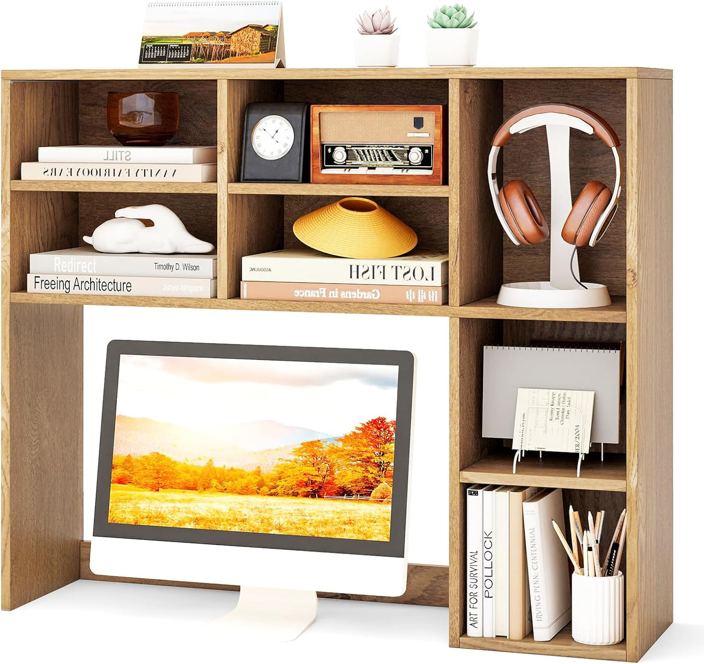 Tangkula Desktop Bookshelf, Countertop Storage Hutch with 5 Shelves for Computer Desk, Desk 3-Tier Display Rack, Multipurpose Wood Desktop Hutch Storage Organizer for Dorm Office Home