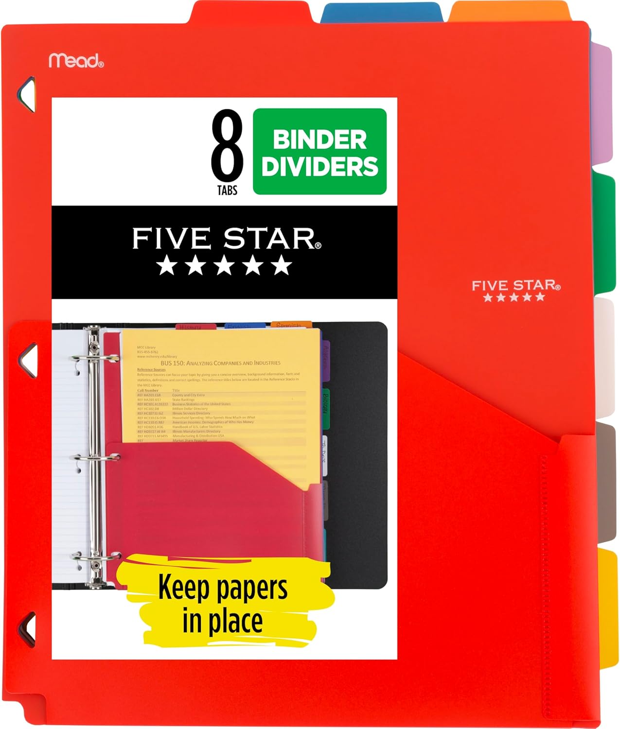 Five Star 8-Tab Binder Pocket Dividers, Plastic Tabbed Divider with Pocket, 9-3/4" x 11", 3-Hole Punched, 8 Count, Assorted Colors (201590)