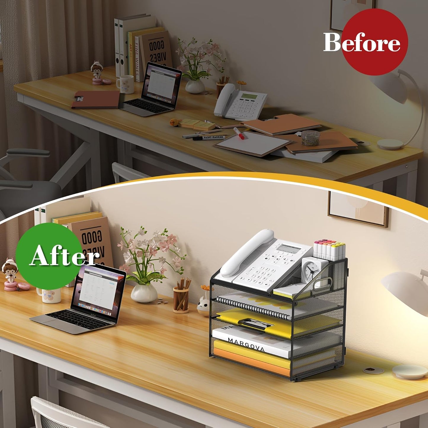 Letter Tray Paper, 4 Tier Desk Organizer with Pen Holder and Handle Mesh File Organizer Paper Sorter Metal Desktop Document Shelf for Office Home Classroom -Black