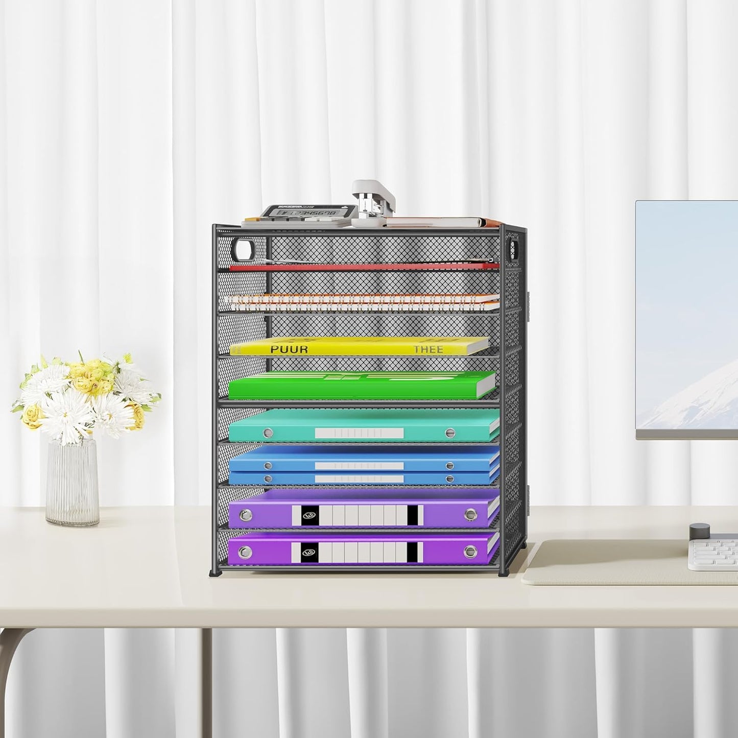 Cawukege 9 Tier Paper Organizer with Handle, Black Large Capacity Desk Organizer Mesh File Folder Letter Paper Tray Desktop Document Sorter for Classroom, School, and Office Accessories Organization