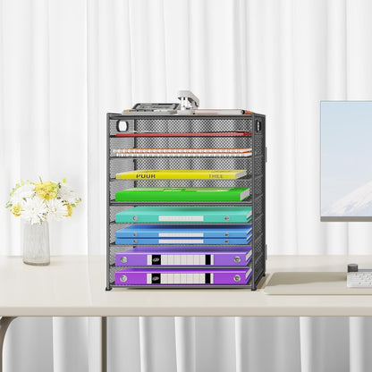 Cawukege 9 Tier Paper Organizer with Handle, Black Large Capacity Desk Organizer Mesh File Folder Letter Paper Tray Desktop Document Sorter for Classroom, School, and Office Accessories Organization
