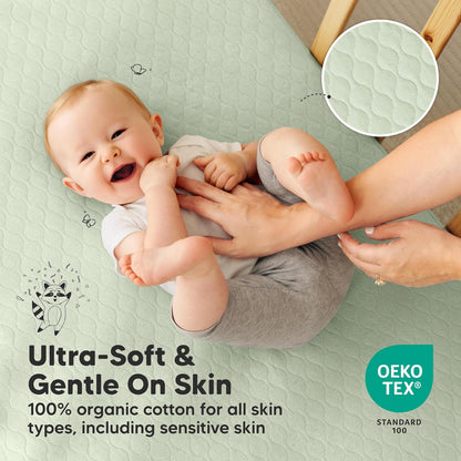 2-Pack Waterproof Crib Mattress Protector Cover Fitted - Quiet Baby Crib Mattress Pad Sheets, 52" x 28" Soft Quilted Cotton Baby Sheet, Machine Washable, Easy Fit, Durable (Soft White/Mavy)
