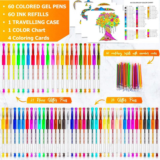Soucolor Glitter Gel Pens for Adult Coloring Books, School Art Class Supplies,120 Pack-60 Glitter Pens, 60 Refills and Travel Case, 40% More Ink Markers Set for Drawing Doodle Journaling Planner Craft