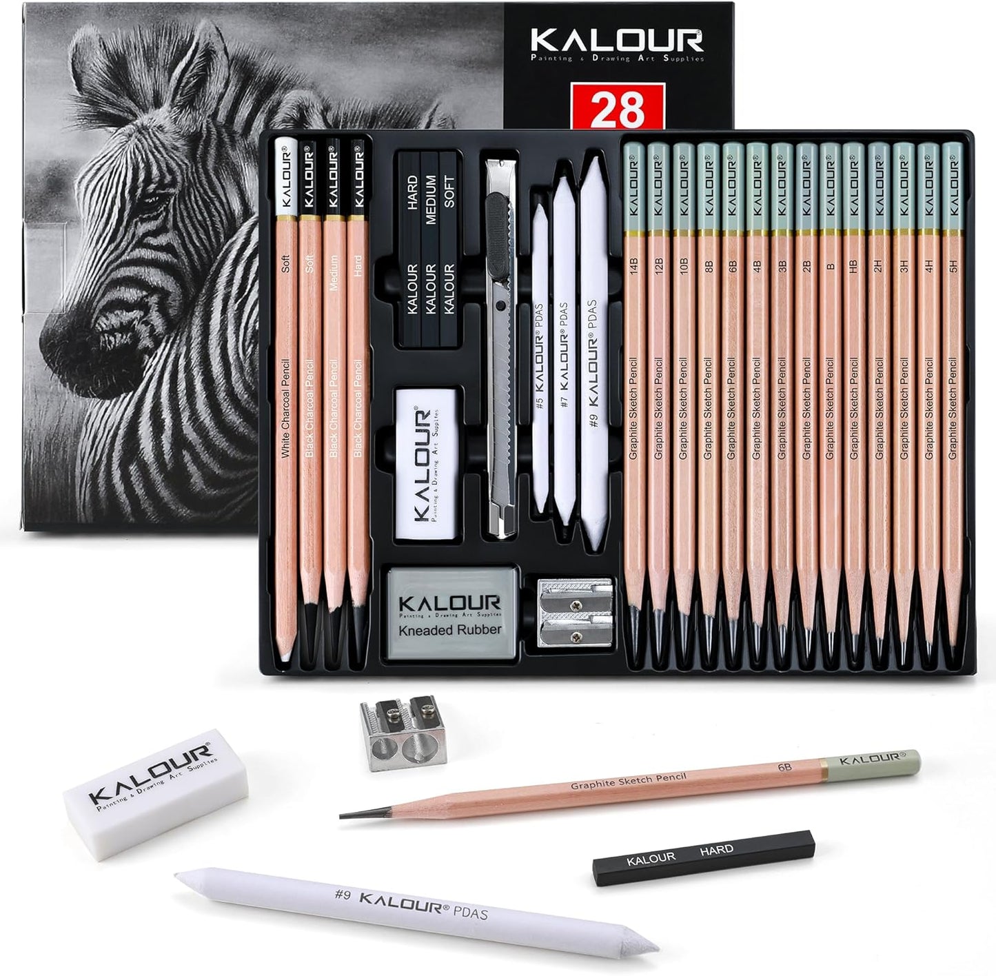 KALOUR 29 Pro Sketching Drawing Pencils Set with Roll-Up Nylon Case – 14 Graphite Pencils (14B–5H), Charcoal Pencils, Erasers, Sharpener & Stumps – Complete Art Kit for Artists & Beginner
