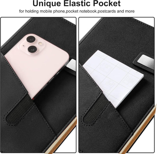A5 Lined Leather Journal with Pen, 240 Pages Refillable Hardcover Notebook with Pocket and Magnetic Buckle, 80gsm Thick Daily Diary for Men and Women, Great Gift for Business School Travel Personal -