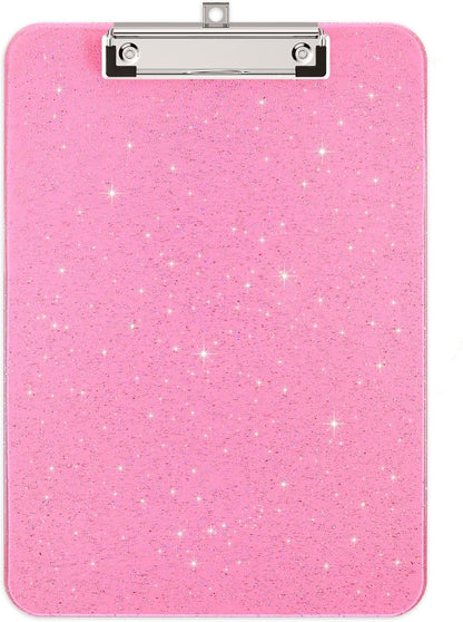 A4 Plastic Glitter Clipboard, Sparkly Pink 12.5 x 9 Letter Size for Classroom, Students, Teacher, Nurse, 8.5 x 11 Clip Board with Low Profile Clip, Office & School Supplies