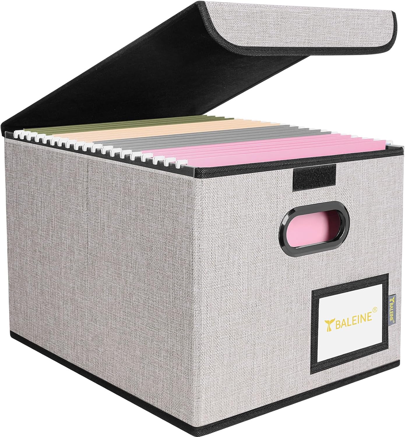 BALEINE File Organizer Box with Lid, Collapsible File Folder Organizer with Plastic Slide, Hanging File Folder Box for Office Document Storage (1 Pack, Black)