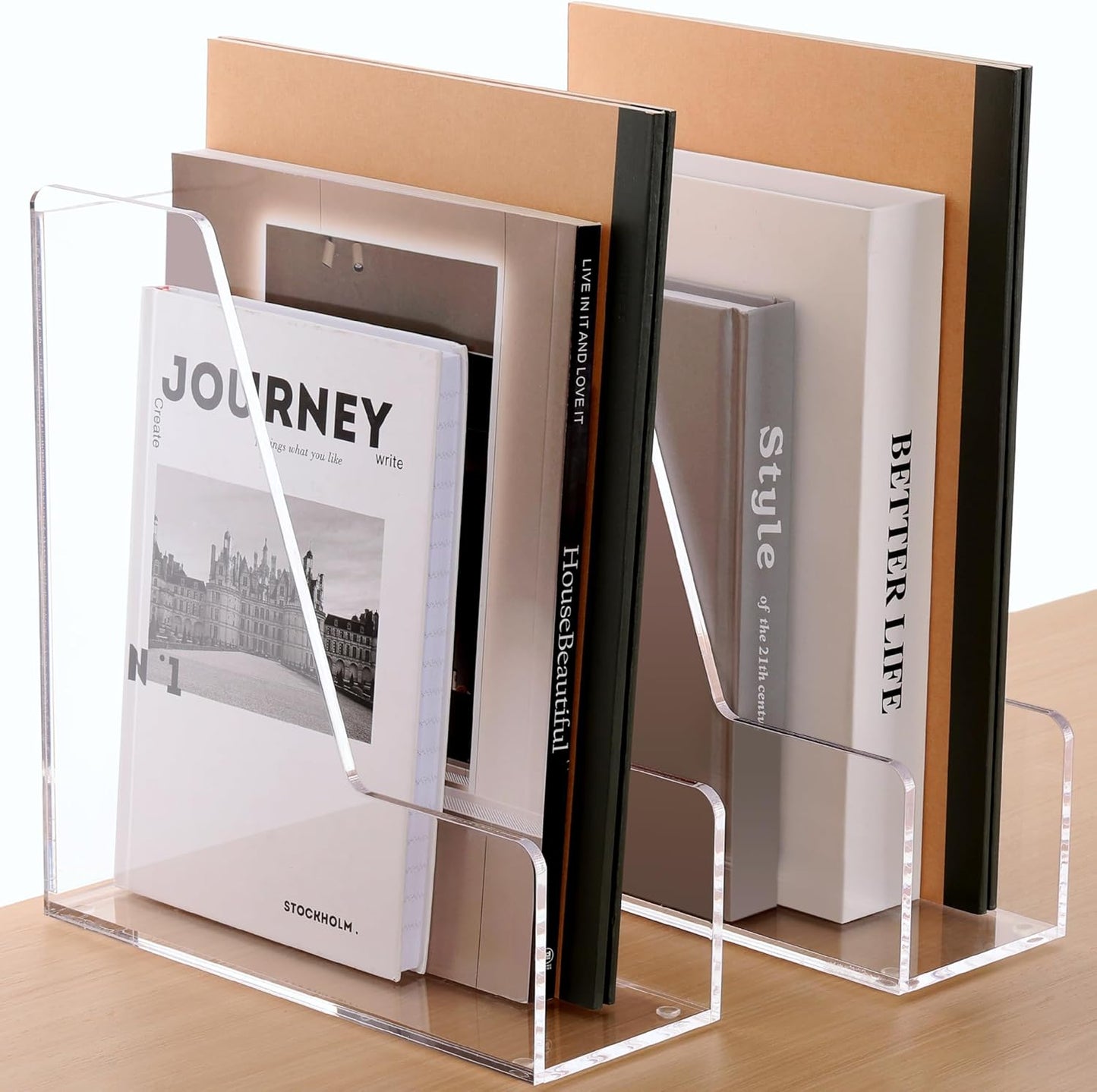 SANRUI Desk Organizer Clear Acrylic Desk Magazine File Holder with 3 Vertical Sections Magazine Rack File Organizer for Office, Home, School