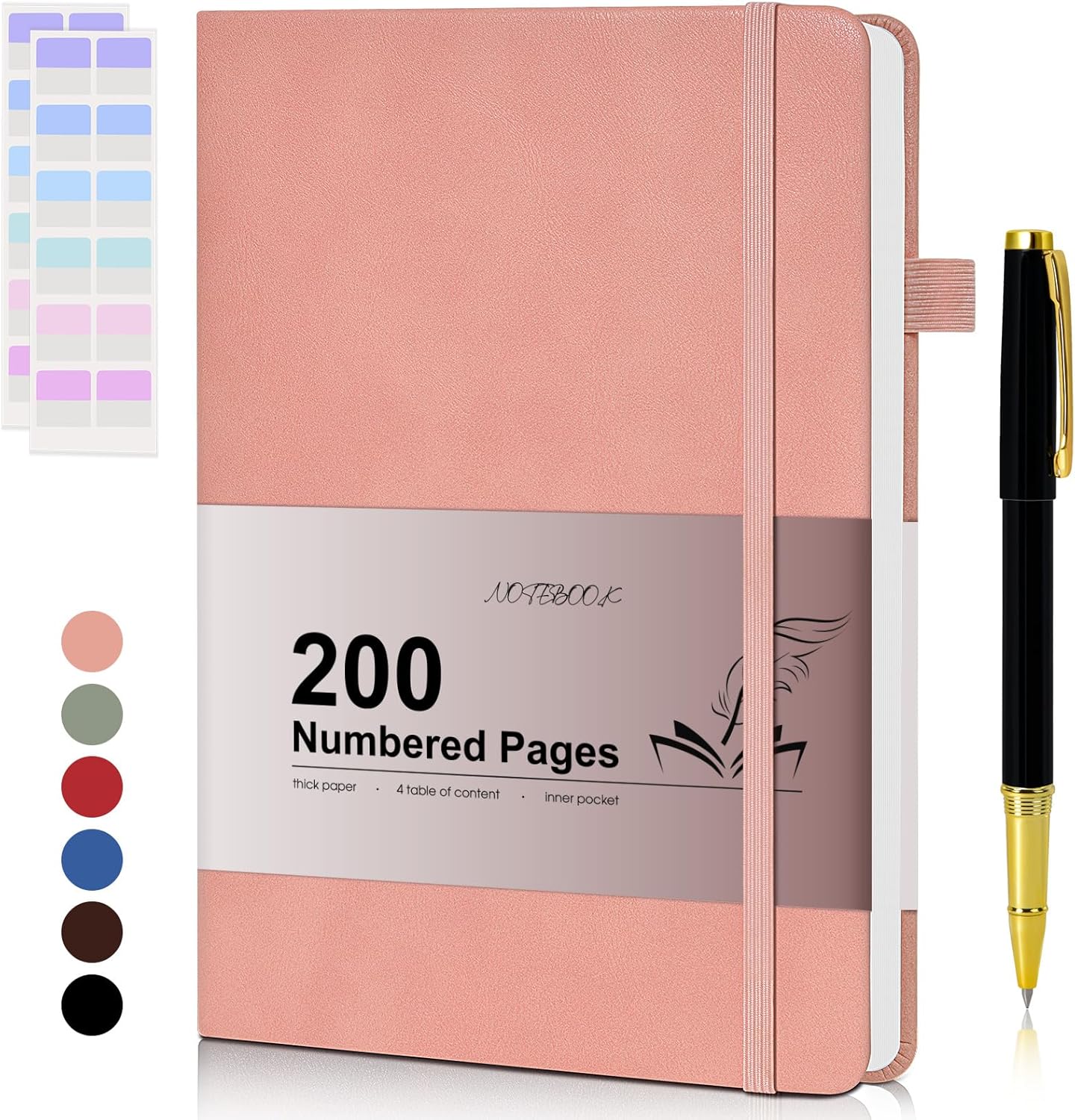 Lined Journal Notebook for Men Women, 200 Numbered Pages Leather Hardcover Journal with Pen, A5 Journaling Notebooks, Thick Paper College Ruled Journals for Writing Work Business 5.75'' X 8.38'' Black
