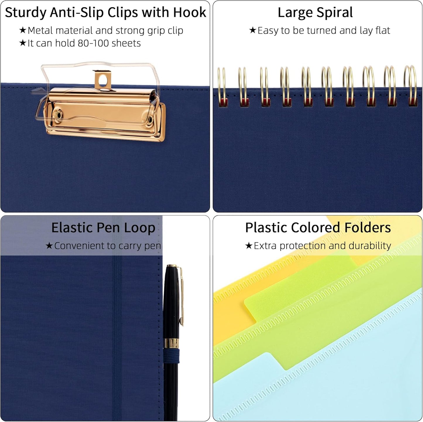 Ospelelf Foldable Spiral Clipboard Folio with Storage Zipper Pouch, 5 Plastic Folders with 10 Pockets,Refillable Lined Notepad (11" x 8.5"), Hardcover Project Organizer with 39 Stickers (Purple)