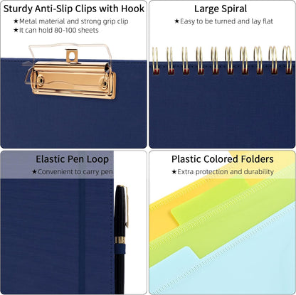 Ospelelf Foldable Spiral Clipboard Folio with Storage Zipper Pouch, 5 Plastic Folders with 10 Pockets,Refillable Lined Notepad (11" x 8.5"), Hardcover Project Organizer with 39 Stickers (Purple)