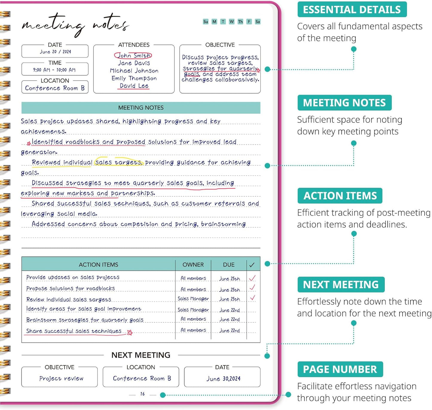 Meeting Notebook for Work Organization - Work notebook with action items, Meeting Minutes Planner Notebook, Perfect Office Supplies for Men & Women - Pink