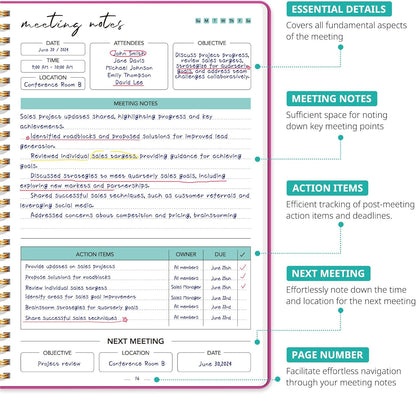 Meeting Notebook for Work Organization - Work notebook with action items, Meeting Minutes Planner Notebook, Perfect Office Supplies for Men & Women - Pink