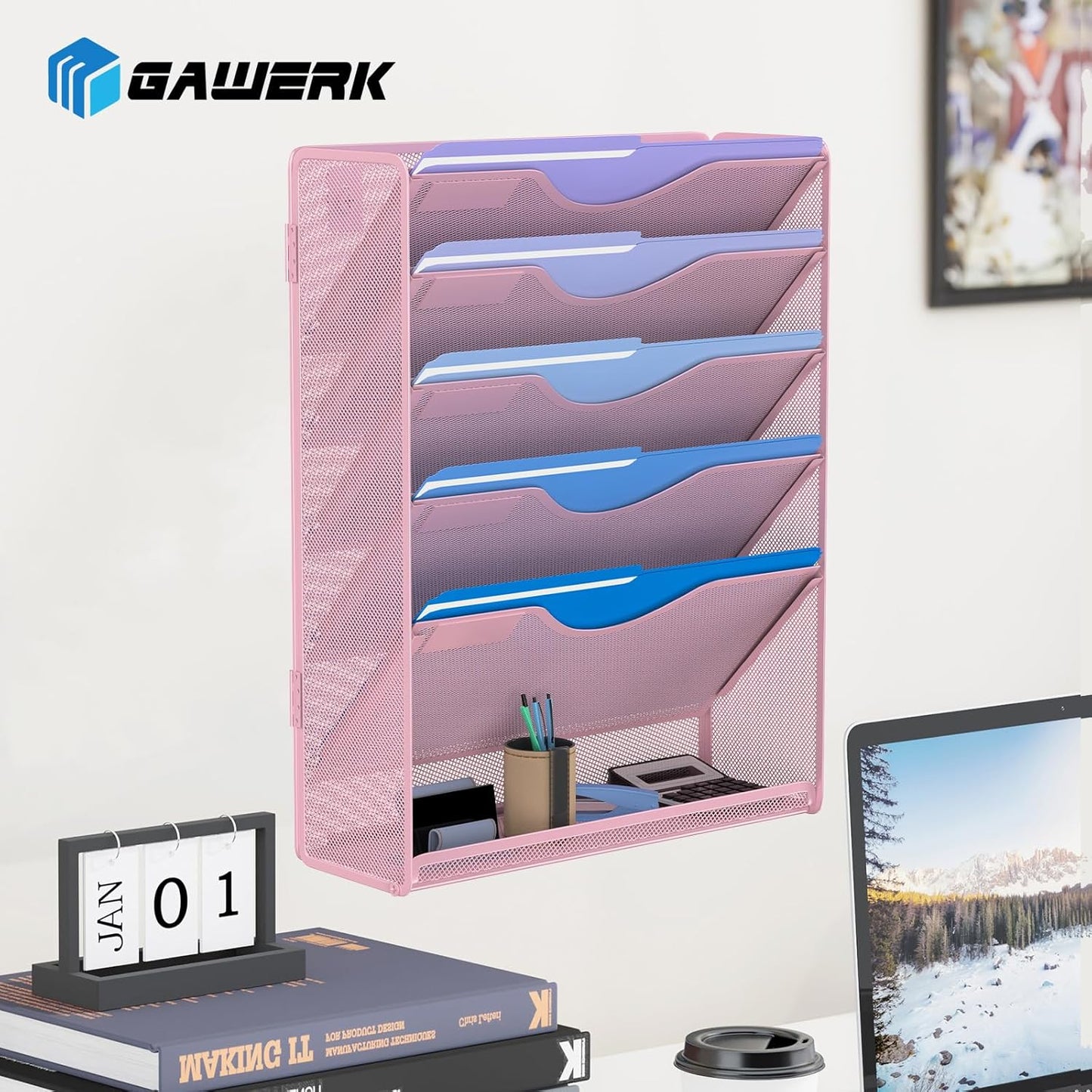 Gawerk 10-Tier Wall File Organizer Hanging Wall File Holder Wall Mount Paper Folder Organize, Mesh Magazine Document Mail Organizer Wall Organizer for Office School Home, Black